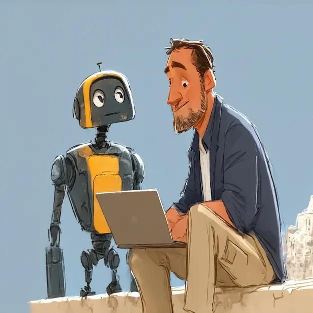 Human and AI collaborating with laptop